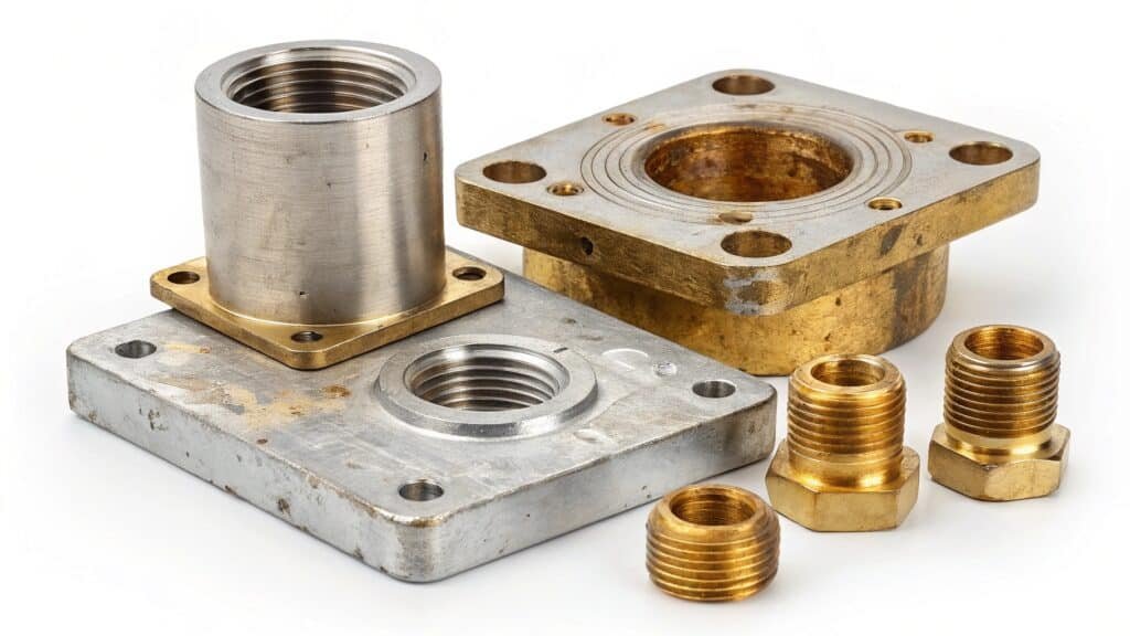 alt text: Close-up of seized threads between an aluminum and brass fitting